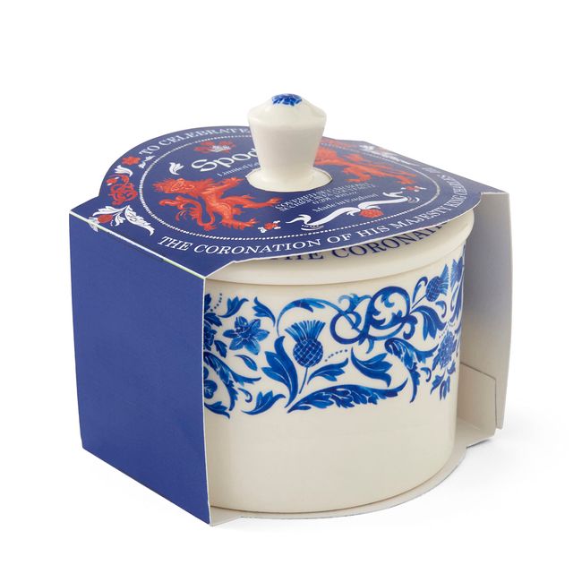 Portmeirion Home & Gifts Spode King Charles III Coronation Lidded Covered Sugar Bowl 280ml, Blue & White Pattern UK Made