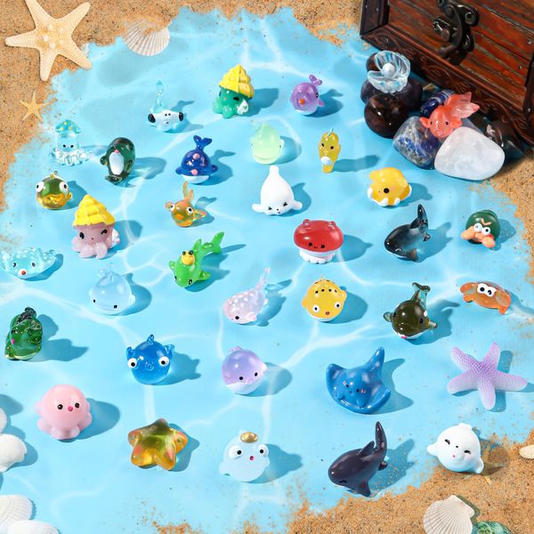 DIYDEC 36pcs Mini Ocean Resin Animals Tiny Sea Animals Figurines Marine Miniature Plastic Animals Aquarium Ornaments Decorations for DIY Fish Tank Potted Micro Fairy Garden Dollhouse