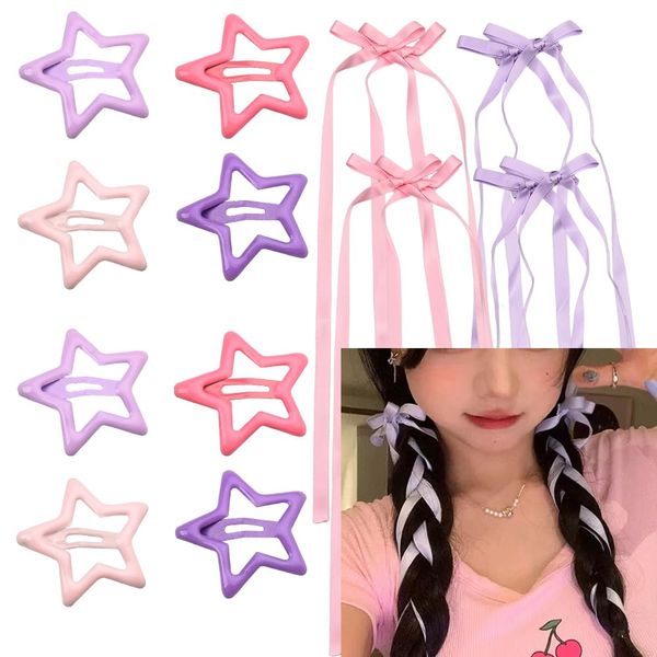 Star Hair Clips for Women Girls Bow Tie Clip for Girls Cute Star Snap Hair Clips Barrettes for Girls Y2K Hair Accessories for Women Girls Long Hair Bow Clips for Girls Tassel Ribbon Hair Bows 12 PCS