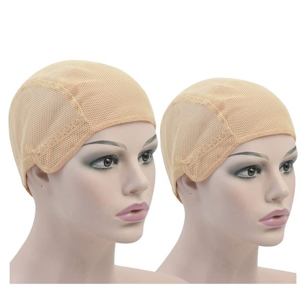 2 Pcs Stretch Wig Caps Mesh Weaving Caps with Adjustable Straps for Making Wigs (Beige L)