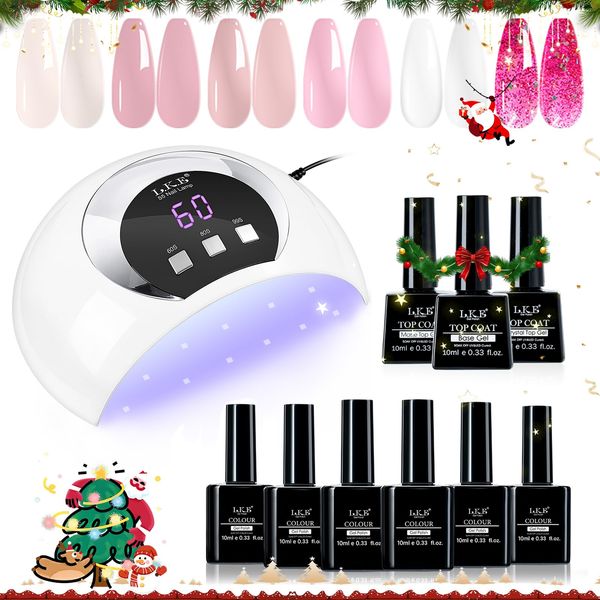 LKE Gel Nail Polish Kit with 72W UV LED Nail Lamp，6 Colors Gel Nail Polish Set with Lamp Starter Kit，Pink Nude Gel Nail Polish with Base and Glossy & Matte Top Coat Gel Nail，DIY Nail Tools