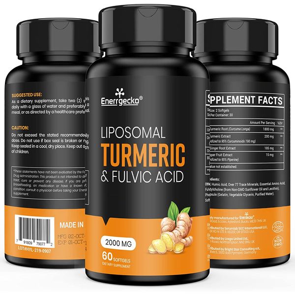 2000 mg Liposomal Turmeric Curcumin with Black Pepper & Ginger for Superior Absorption with Fulvic Acid and Humic Acid (60 Count (Pack of 1))