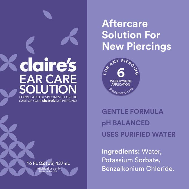  Claire's 16 Fl Oz Aftercare Ear Piercing Cleaner Solution –  Designed to Avoid Infections on Pierced Ears, Nose Piercings, and Belly  Button Piercings – Ideal Hole Cleaner for Piercings : Beauty