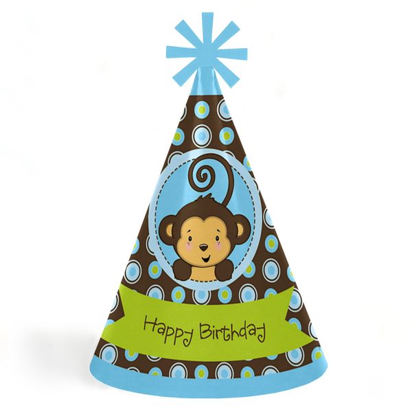 Blue Monkey Boy - Cone Happy Birthday Party Hats for Kids and Adults - Set of 8 (Standard Size)