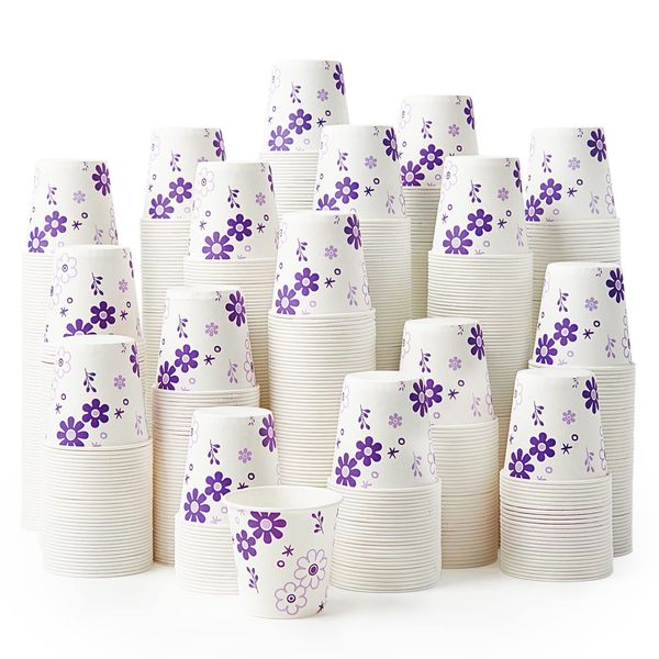 [600 Pack] 3oz Disposable Bathroom Cups, Paper Cups, Mouthwash Cups, Cold Disposable Drinking Cup for Party, Picnic, BBQ, Travel, and Event, Purple Floral