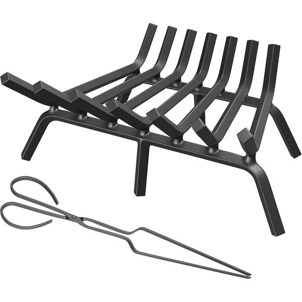 21 Inch Wrought Iron Fireplace Grate with Tongs for Wood Stove & Indoor Use