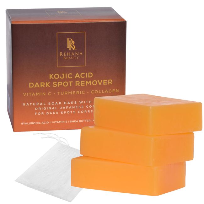 REHANA BEAUTY (3 Pack) Kojic Acid Dark Spot Remover Soap Bars with Original Japanese Formula, Vitamin C, Retinol, Collagen, Hyaluronic Acid & Shea Butter for Even & Brighter Skin Tone, Face & Body