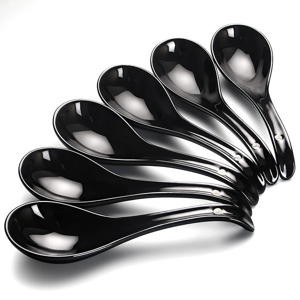 YFWOOD Spoons Astragalus Spoons, Set of 6, Black, 6.7 inches (17 cm), Ceramic, Soup Spoons, Curved Shape, Long Handle, Dinner Spoon, Curry, Ramen, Fried Rice, For Cooking