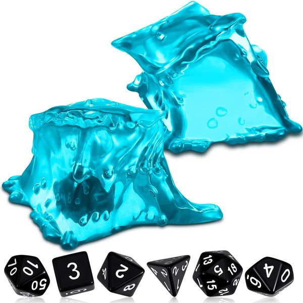 Deekin Dice Jail Gelatinous Cube Dice Prison Resin Dice Cage, 7 Role Playing Dice with Dice Container Black Polyhedral Dice Set Miniature Accessory for Gatherings Activity Party Game Gift Set (Blue)