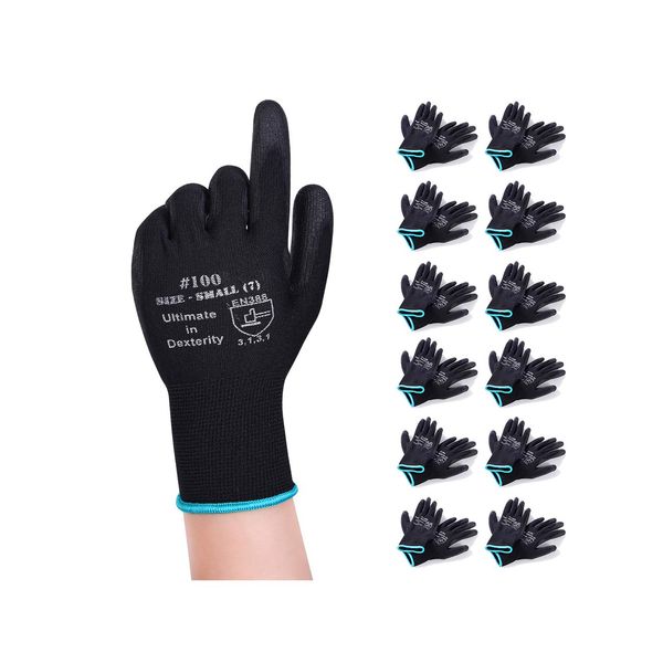 DONFRI Lightweight Work Gloves, PU Thin Gloves, Black Gloves, Gardening Gloves, Anti-Slip, Abrasion Resistant (12 Pair Pack, M)