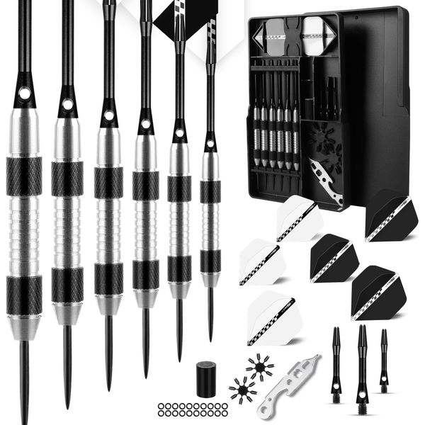 CareGames 6pcs Steel Tip Darts,Professional 24g Metal Dart Set with 12 Dart Flights,9 Aluminum shafts,20 Rubber O-Rings,2 Protectors,Sharpener,Tools and Darts case (White)