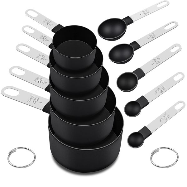 FONYA 10 Pieces Measuring Cups and Spoons Set ， 5 Measuring Cups / 5 Measuring Spoons Nesting Measure Cups with Stainless Steel Handle，for Dry and Liquid Ingredient （Black）