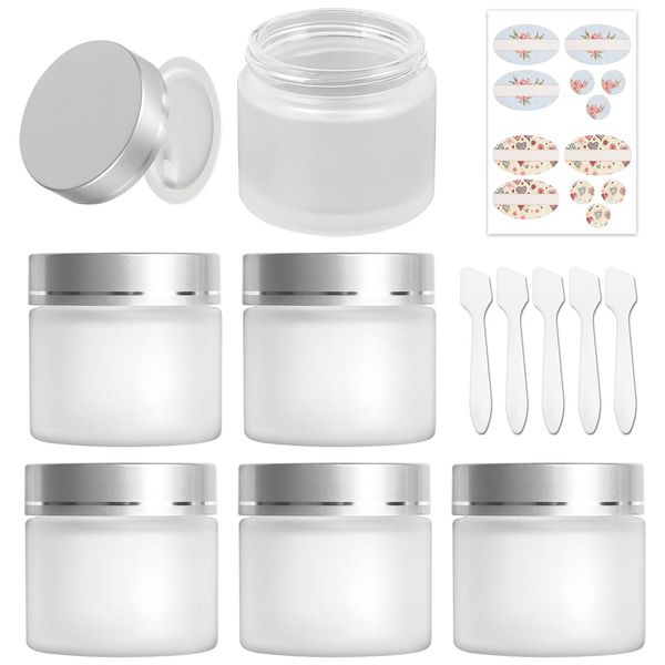 6 Pack, 2 oz 60 ml Frosted Glass Jars with Silver Lids & Inner Liners, Empty Matte Clear Round Refillable Cosmetic Containers Travel Jars for Cosmetics,Body Face Cream Lotion