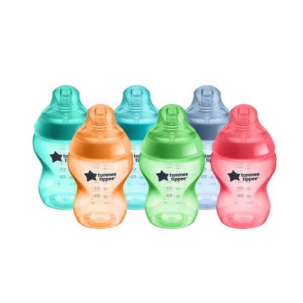 Tommee Tippee Closer to Nature Anti-Colic Baby Bottle, 260ml, Slow-Flow Breast-Like Teat for a Natural Latch, Anti-Colic Valve, Pack of 6, Fiesta Multicoloured