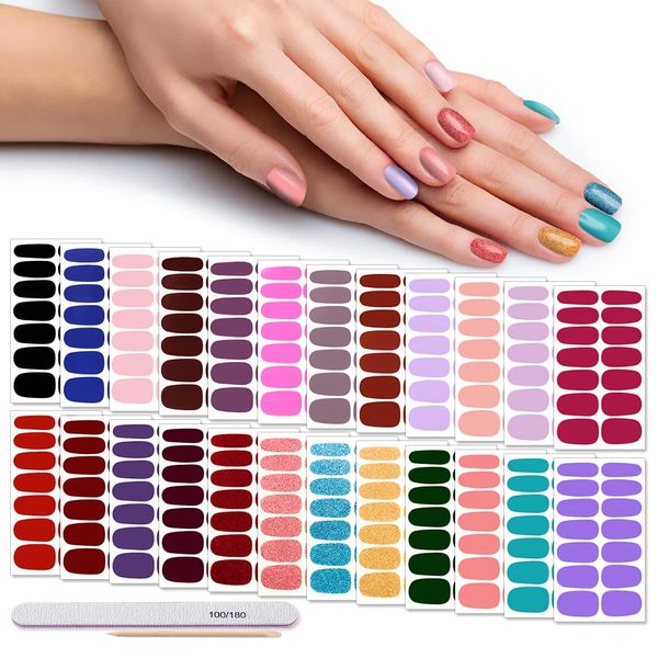 Nail Polish Strips, DANNEASY 24 Sheets Self Adhesive Nail Wraps Solid Color Nail Sticker Polish Manicure Kit with 1pc Nail File + Wood Cuticle Stick