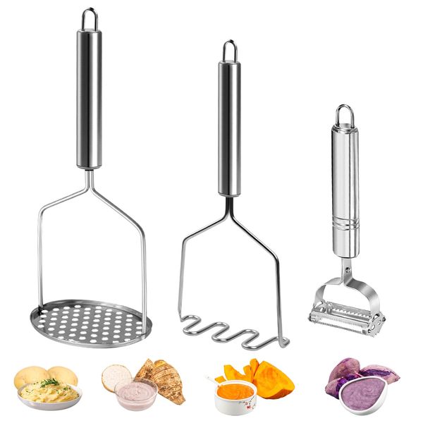 FIHODONE 2 Stück Kartoffelstampfer,1 Stück Kartoffelschäler, Kartoffelstampfer Edelstahl,Potato Masher Schäler Küche,Kartoffelpresse Edelstahl für Kartoffelbrei,Purple Süßkartoffelpüree, Kürbispüree