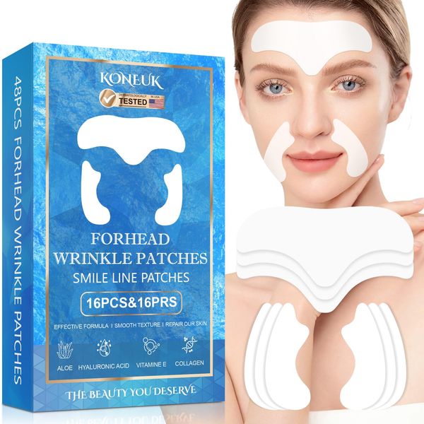 KONEUK 16Pcs Forehead Wrinkle Patches and 32Pcs Smile Line Patches, Anti Wrinkle Patches with Collagen and Vitamin E, Forehead Wrinkles Treatment and Forehead Lines Remover