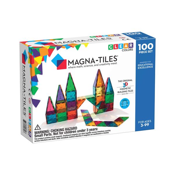 Magna-Tiles 100-Piece Clear Colors Set, The Original Magnetic Building Tiles For Creative Open-Ended Play, Educational Toys For Children Ages 3 Years +