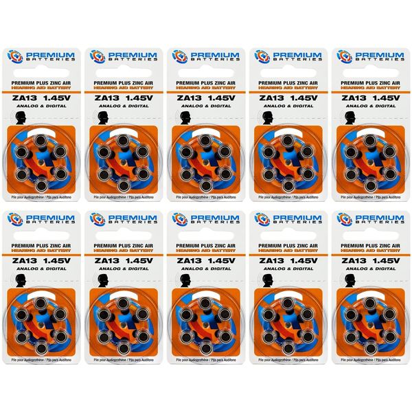 Premium Batteries Size 13 ZA13 P13 PR48 1.45V Zinc Air Hearing Aid Batteries Orange Tab (60 Batteries)