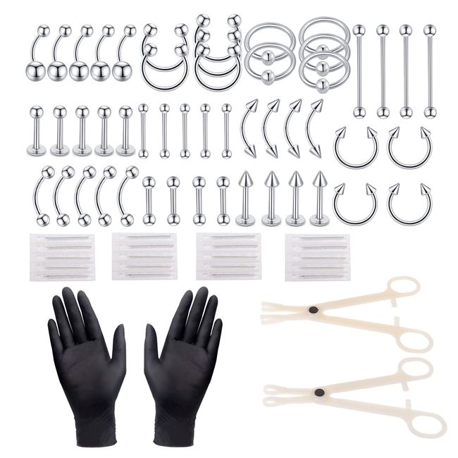 XiAoMiNiNg 74pcs Piercing Kit 14G16G Belly Button/Septum Piercing Kit for all piercings (Stainless steel color)