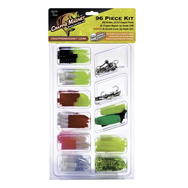 Crappie Magnet 96-Piece Kit - 80 Bodies, 2 E-Z Floats, 6 Crappie Magnet Jig Heads, 8 Double Cross Jig Heads, Freshwater Fishing Gear and Accessories