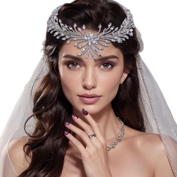 AMORARSI Wedding Headband for Women Rhinestone Bridal Headpieces with Pendant Bridal Forehead Chain Wedding Hair Accessories for Brides