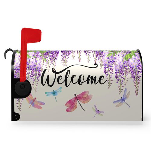 Dacawin Violet Spring Floral Welcome Mailbox Covers Magnetic Purple Flowers Dragonflies Mailbox Cover Summer Post Box Cover Wraps Standard Size 18 X 21 Inch for Home Yard Decorations