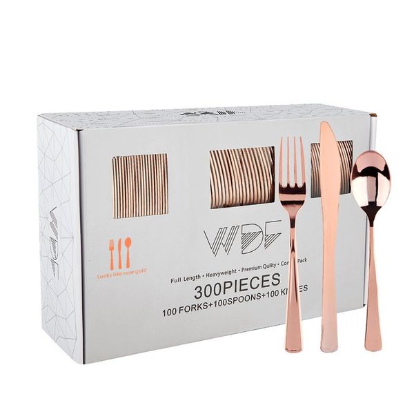 WDF 300 Pieces Rose Gold Plastic Silverware- Disposable Flatware Set-Heavyweight Plastic Cutlery- Includes 100 Forks, 100 Spoons, 100 Knives -WDF