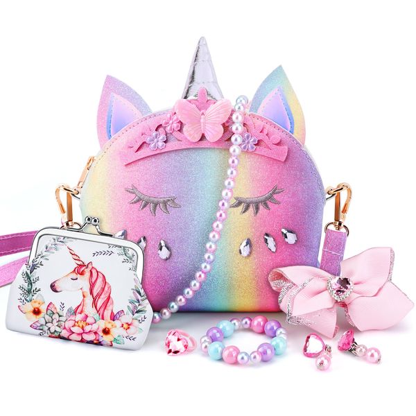 JYPS 7PCS Toddler Purse for Girl, Girls Wallet with Pretend Play Toys, Princess Toys with Kids Dress Up Jewelry Set