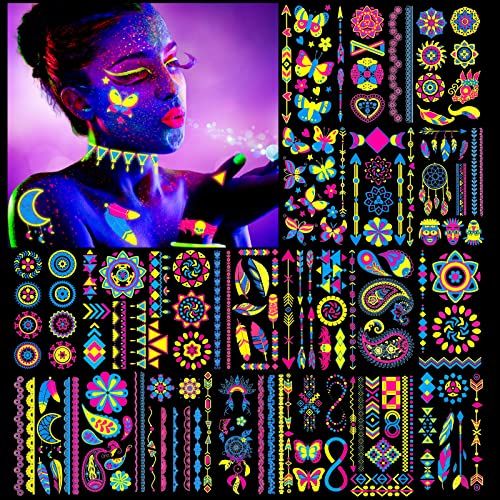 HOWAF 20 Sheet Neon Temporary Tattoos, Neon Tattoos Glow In The Dark Tattoos UV Tattoos Neon Waterproof Tattoo Stickers Fake Tattoos Glow In The Dark Tattoos for Kids Adults Women Girls Face Body Art