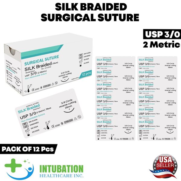 3/0 Suture Silk Braided Thread Sterile Sutures Needle & Threads Training 12 Pcs