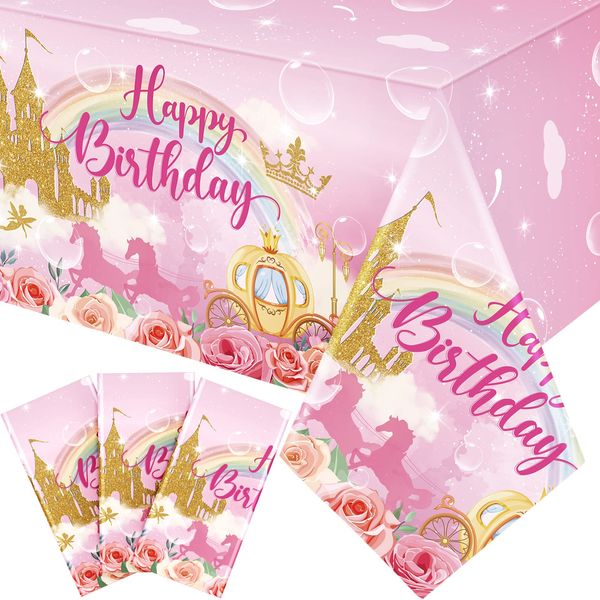 Oudain 3 Pack Princess Party Tablecloths Happy Birthday Princess Disposable Plastic Table Covers Unicorn Castle Rose Rectangular Table Cloths for Girls Women Birthday Party Decorations, 108 x 54 Inch