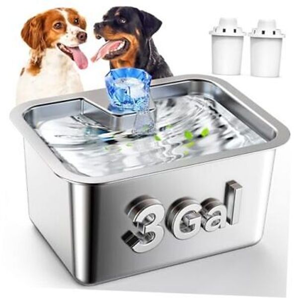 Stainless Steel Dog Water Fountain, 3 Gallon 3gal Dog Fountain with 2 Filters