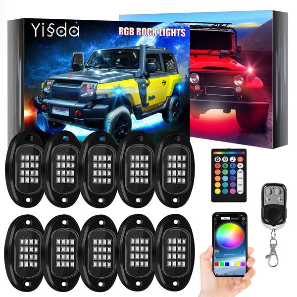 YISSDA RGB LED Rock Lights, 96LEDs 【Brightness Upgraded】 Neon Underglow Lighting Kit, Music Timing Mode, IP68 Waterproof Light for Jeep Truck UTV SUV, with 59in Extension Cord, 6 Pods