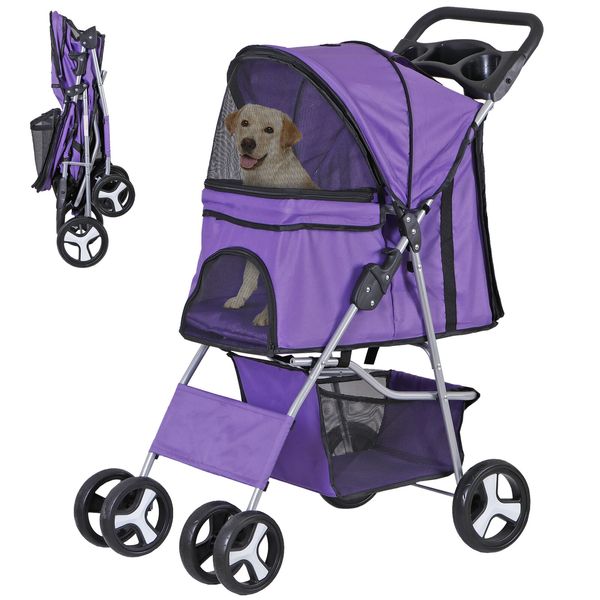 Pet Dog Stroller Travel w/Foldable Carrier Cart & Cup Holder 4-Wheeler Purple