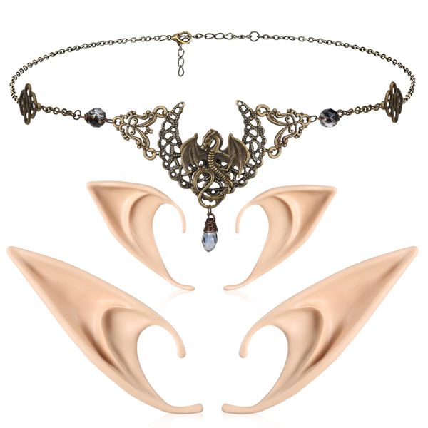 FRESHME Fairy Elf Ears with Moon Headpieces - Handmade Black Moon Crystal Head Chain Goddess Crescent Headband for Women Girls Renaissance Halloween Cosplay Costume Accessories