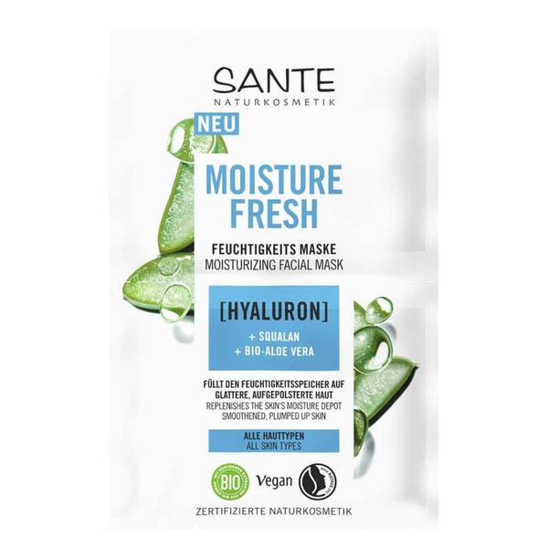 SANTE Naturkosmetik Moisture Fresh Feuchtigkeitsmaske mit Hyaluron, Squalan & Bio-Aloe Vera, nährende Gesichtsmaske, pflegende Maske für intensive Feuchtigkeitspflege und geschmeidige Haut, 2x4ml