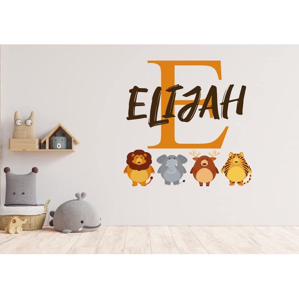 Custom Name Wall Decal Jungle Animals - Boys & Girls Custom Name Safari Theme Wall Art Decor - Animal Name Stickers - Baby Wall Decal for Nursery Bedroom Decoration (Wide 20"x21" Height)