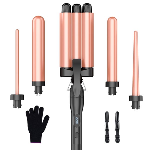 Lockenstab Set 3 Fässer Welleneisen Mehrere Temperatureinstellungen - BESTOPE PRO Lockenstäbe mit LED-Anzeige 5 in 1 für großer Wellen Schnellaufheizung mit einem Handschuh, 2 Clips