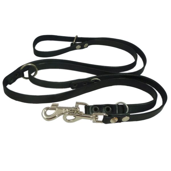 Black 6 Way European Multifunctional Leather Dog Leash, Adjustable Schutzhund Lead 49"-94" Long, 3/4" Wide (18 mm)