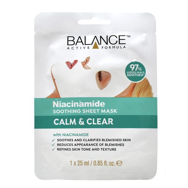 Balance Active Formula Calm and Clear Niacinamide Soothing Sheet Mask - Soothes and Clarifies Blemishes Skin, Refines Skin Tone and Texture, Creates A Smooth, Radiant Complexion