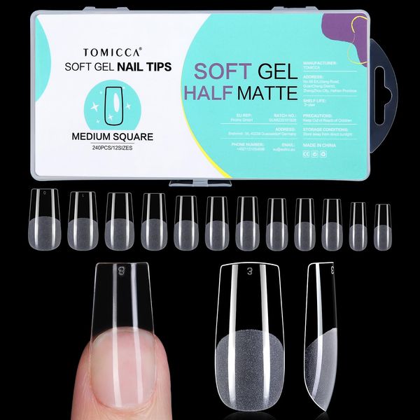 TOMICCA Square Medium Nageltips-Tips für Gelnägel,Gel Full Cover Nail Tips, Pre-Shaped Halbmatt tips nägel Gelly Nagelspitzen für Acrylnägel-240 Pieces 12 Sizes