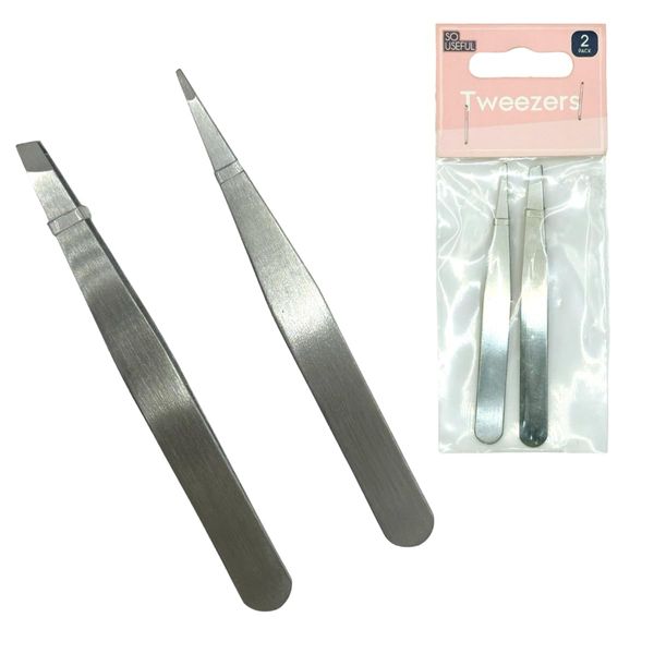 DEEPMARK 2 Pcs Tweezers, Eyebrow Tweezers, Eyelash Tweezers, Stainless Steel Straight and Pointed Tip Tweezers, Ingrown Hair and Facial Hair Remover, for Craft, Makeup Tools, Silver