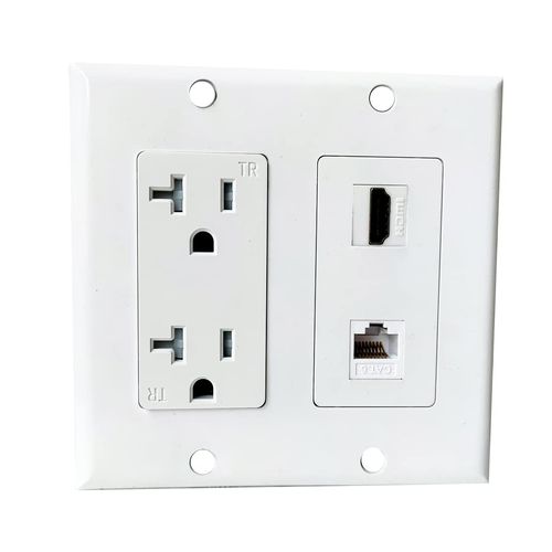 BOPLAT 20Amp Power Outlet with Ethernet HDMI Port Wall Plate - Duplex Receptacle Outlet with 1 Port HDMI, 1 CAT6 RJ45 Cover Plate - White