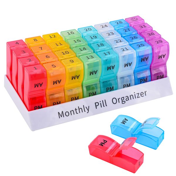 Monthly Pill Organizer 31 Days 2 Times a Day AMPM Buckle Design Capsule Vitamins