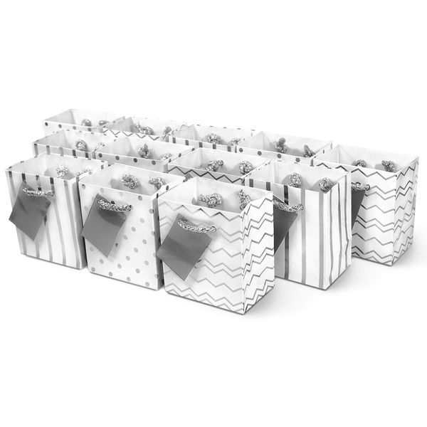 Mini Gift Bags - 12 Pack Extra Small Assorted Print Metallic Silver & White Paper Bags with Handles Bulk, Tiny Gift Bags for Birthday Party Goodie & Wedding Favor Bags, Gift Card Wrappers - 4x2.75x4.5