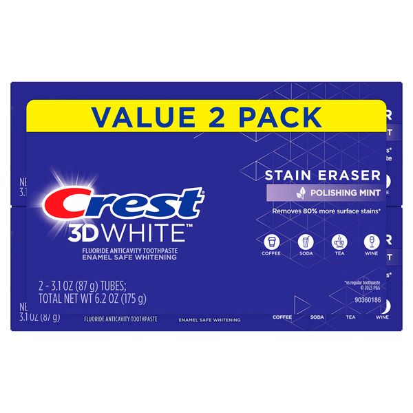 Crest 3D White Stain Eraser Teeth Whitening Toothpaste, Polishing Mint, 3.1 oz, Pack of 2