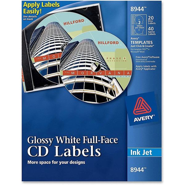 Avery Full-Face CD Labels for Inkjet Printers, Glossy White, 20 Disc Labels and 40 Spine Labels (8944)