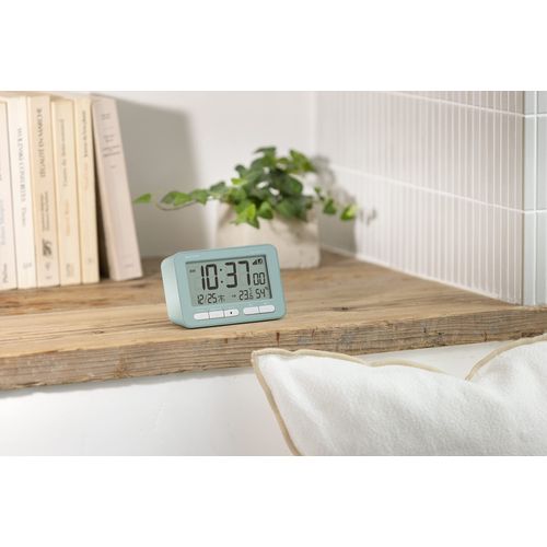 RHYTHM D234 8RZ234SR04 Alarm Clock, Radio Clock, Electronic Sound, Alarm (with Snooze), Thermometer, Hygrometer, Calendar, Blue, 3.1 x 4.7 x 2.1 inches (7.8 x 12 x 5.4 cm), Fit Wave