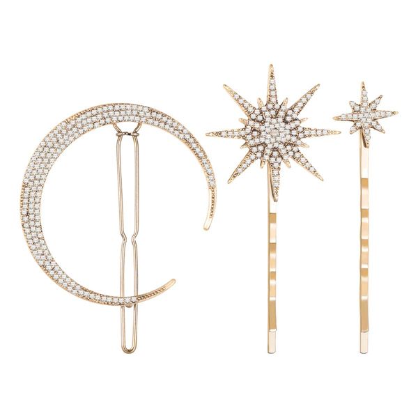 Frcolor Hair Pins Gold Three Pin Rhinestone Snap Bangs Hair Clips Hair Accessories Gold Moon Stars Set of 3